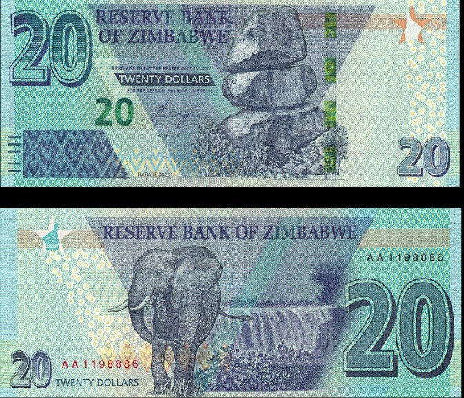 Zimbabwe 20 Dollars, 2020, P-104, UNC